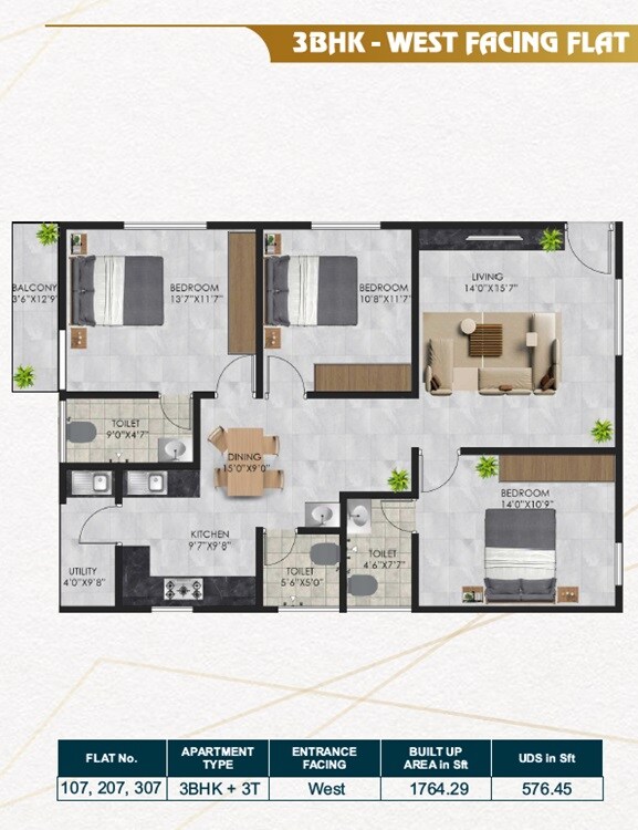 Floor plan of 3 BHK 1764 Sq. Ft. Apartment in RV Fallon, Bangalore