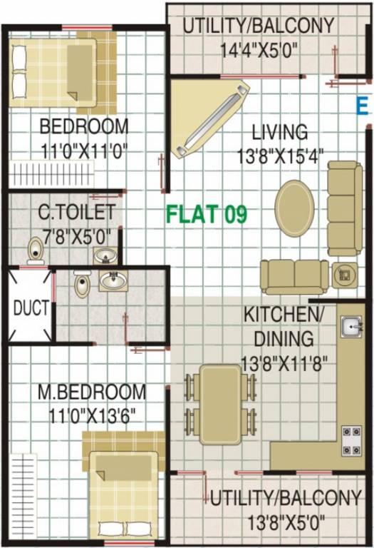 Floor plan of 2 BHK 1180 Sq. Ft. Apartment in RVS Sumeru, Bangalore