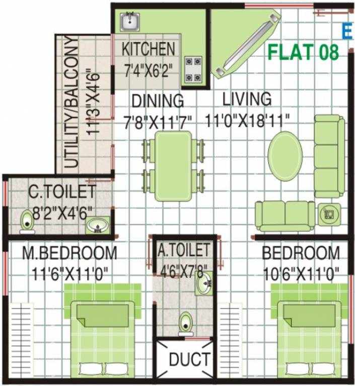 Floor plan of 2 BHK 960 Sq. Ft. Apartment in RVS Sumeru, Bangalore