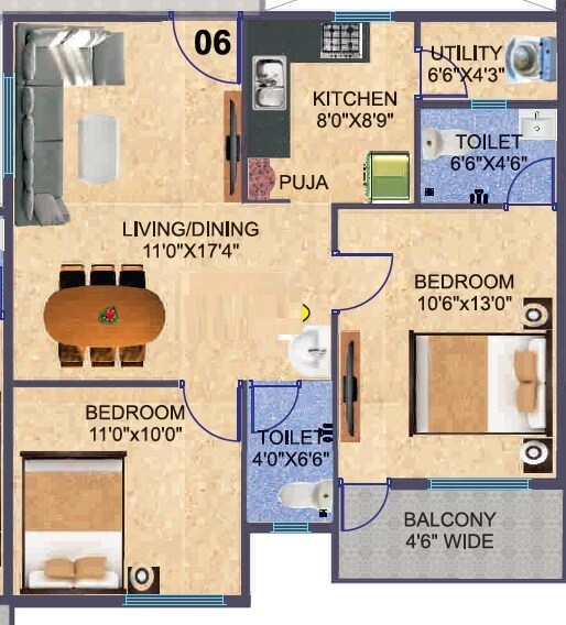 Floor plan of 2 BHK 950 Sq. Ft. Apartment in S And S Basava Pride, Bangalore