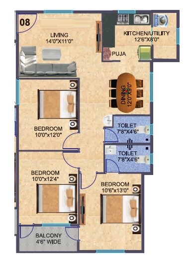 Floor plan of 3 BHK 1230 Sq. Ft. Apartment in S And S Basava Pride, Bangalore