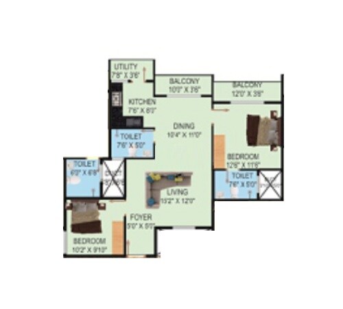 Floor plan of 2 BHK 1135 Sq. Ft. Apartment in S and S Trillium Apartments, Bangalore