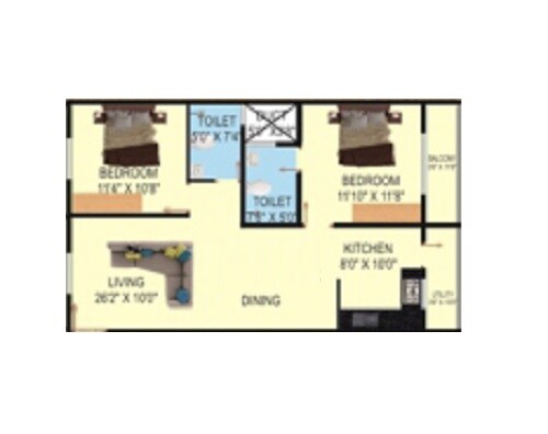 Floor plan of 2 BHK 955 Sq. Ft. Apartment in S and S Trillium Apartments, Bangalore