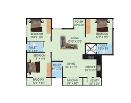 Floor plan of 3 BHK 1300 Sq. Ft. Apartment in S and S Trillium Apartments, Bangalore