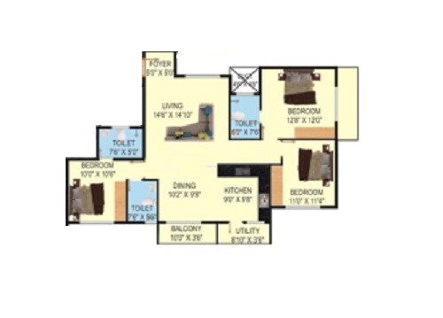 Floor plan of 3 BHK 1500 Sq. Ft. Apartment in S and S Trillium Apartments, Bangalore