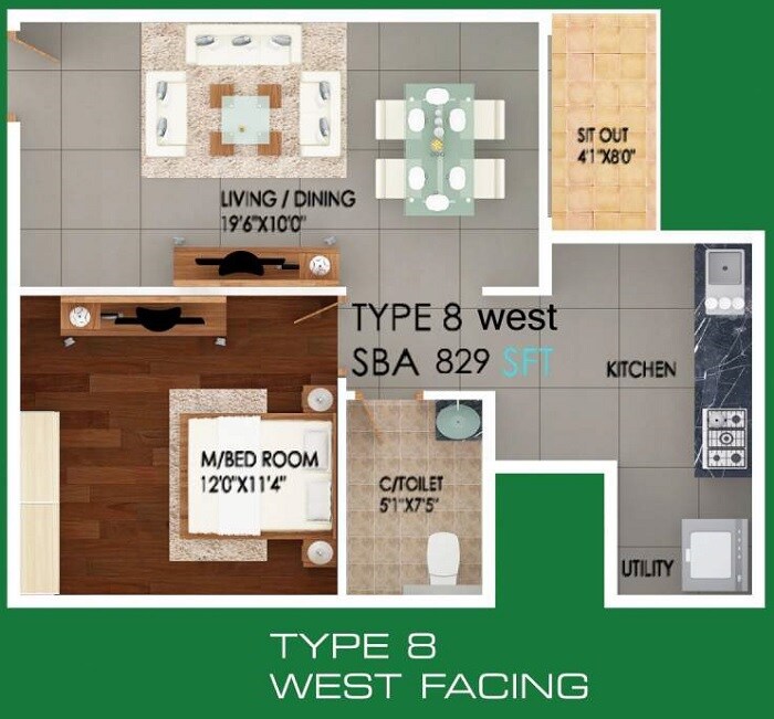Floor plan of 1 BHK 829 Sq. Ft. Apartment in S V Meadows, Bangalore