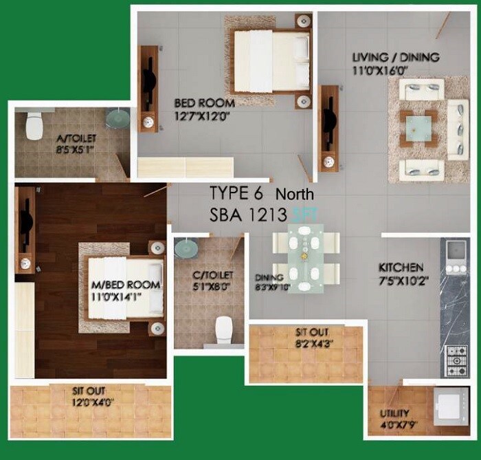 Floor plan of 2 BHK 1213 Sq. Ft. Apartment in S V Meadows, Bangalore