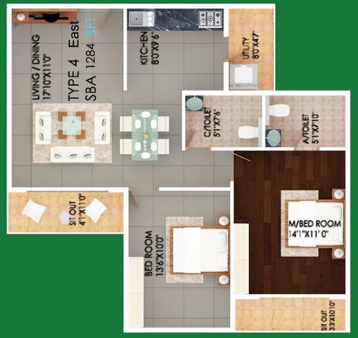 Floor plan of 2 BHK 1284 Sq. Ft. Apartment in S V Meadows, Bangalore