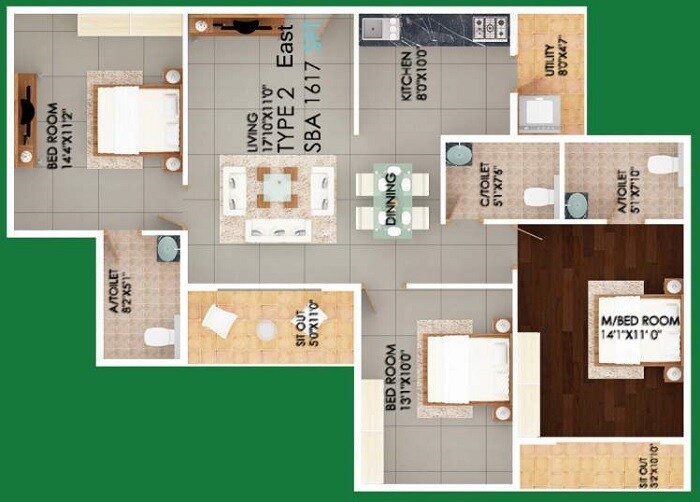 Floor plan of 3 BHK 1617 Sq. Ft. Apartment in S V Meadows, Bangalore