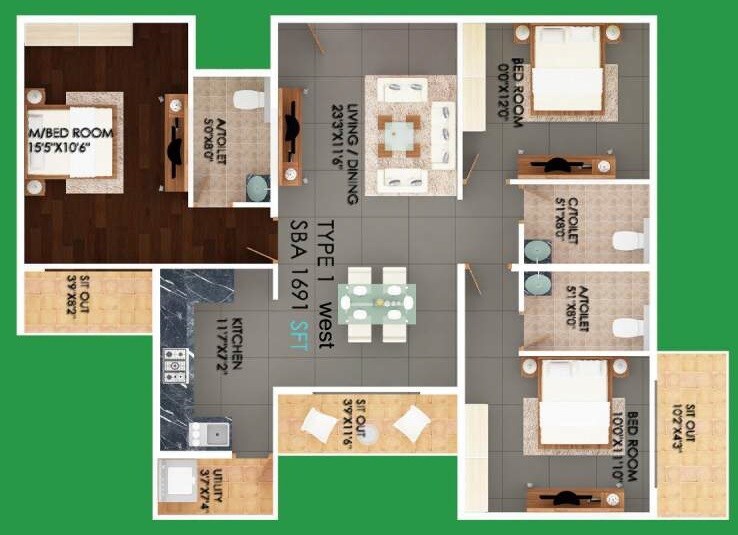 Floor plan of 3 BHK 1691 Sq. Ft. Apartment in S V Meadows, Bangalore