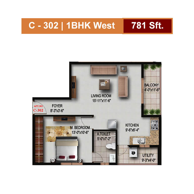 Floor plan of 1 BHK 781 Sq. Ft. Apartment in S V Signature, Bangalore