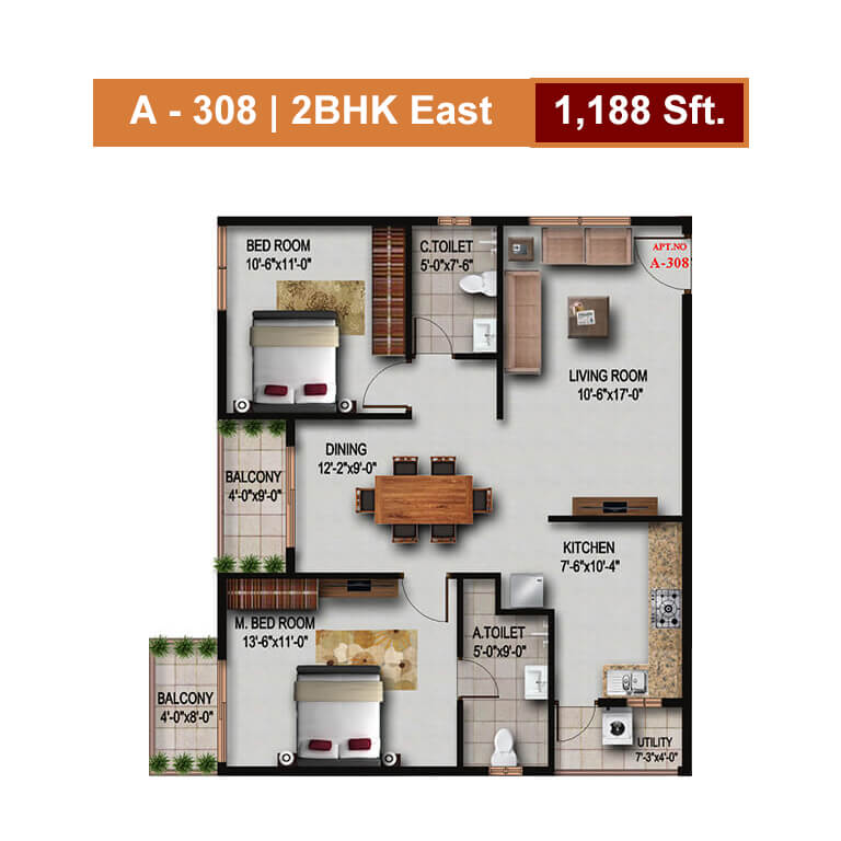 Floor plan of 2 BHK 1188 Sq. Ft. Apartment in S V Signature, Bangalore