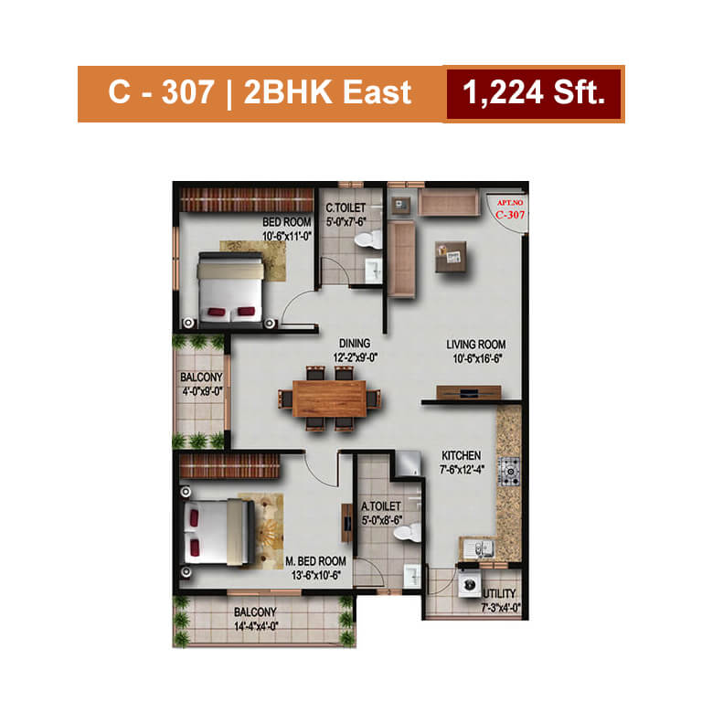 Floor plan of 2 BHK 1224 Sq. Ft. Apartment in S V Signature, Bangalore