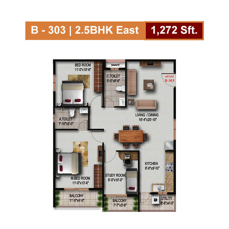 Floor plan of 3 BHK 1272 Sq. Ft. Apartment in S V Signature, Bangalore