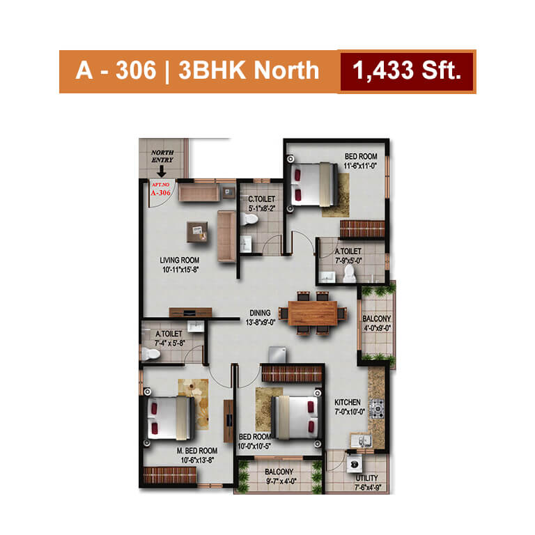 Floor plan of 3 BHK 1433 Sq. Ft. Apartment in S V Signature, Bangalore