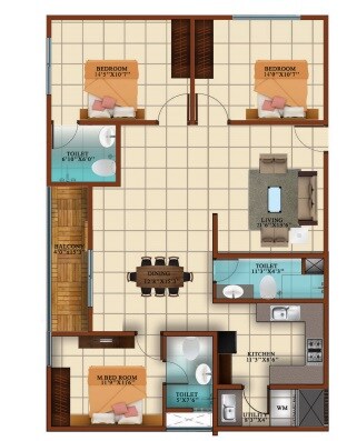 Floor plan of 2 BHK 1095 Sq. Ft. Apartment in S2 Avantikaa Lifestyle, Bangalore