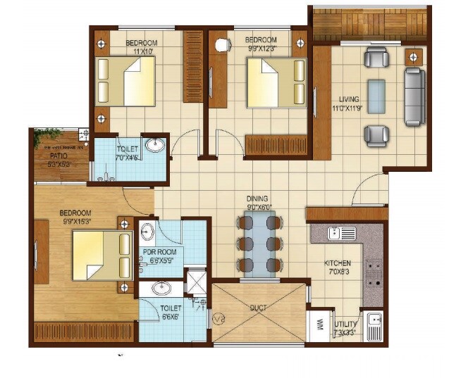 Floor plan of 3 BHK 1509 Sq. Ft. Apartment in S2 Avantikaa Lifestyle, Bangalore