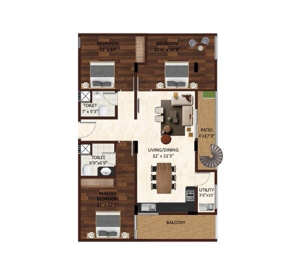 Floor plan of 3 BHK 1531 Sq. Ft. Apartment in S2 The Watergrove, Bangalore