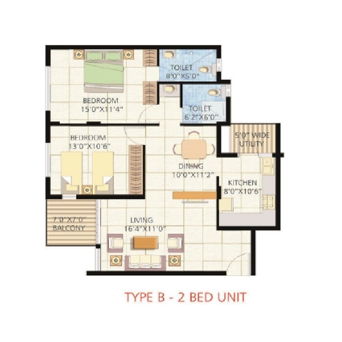 Floor plan of 2 BHK 1220 Sq. Ft. Apartment in Saf Snowdrops, Bangalore