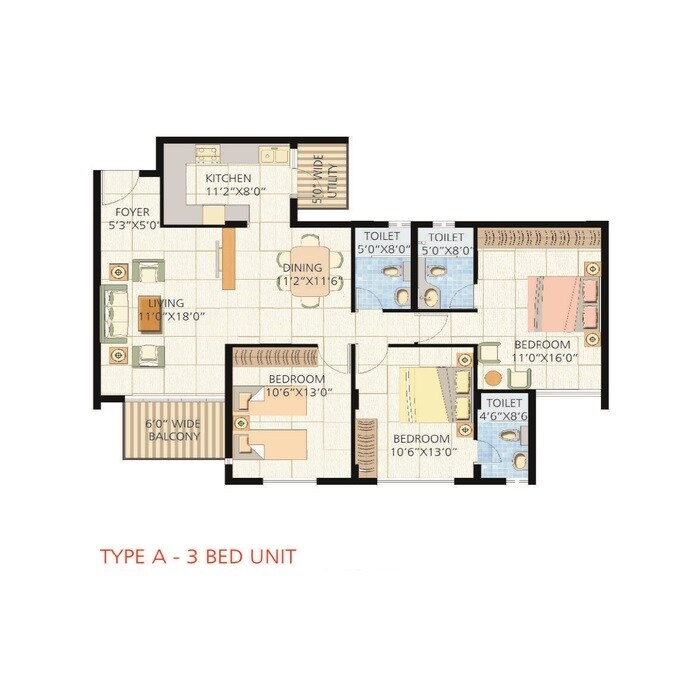 Floor plan of 3 BHK 1442 Sq. Ft. Apartment in Saf Snowdrops, Bangalore