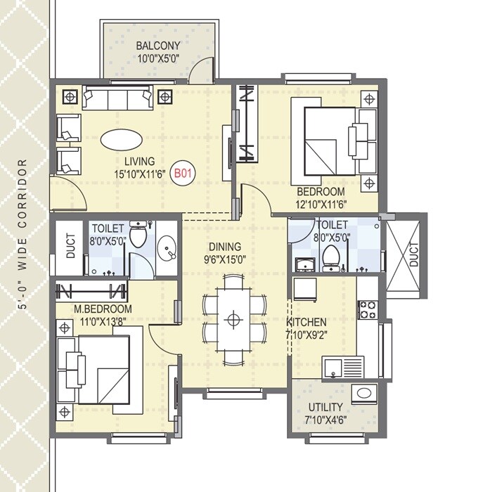 Floor plan of 2 BHK 1120 Sq. Ft. Apartment in Sahasra Grand, Bangalore