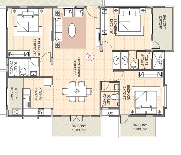 Floor plan of 3 BHK 1875 Sq. Ft. Apartment in Sahasra Grand, Bangalore