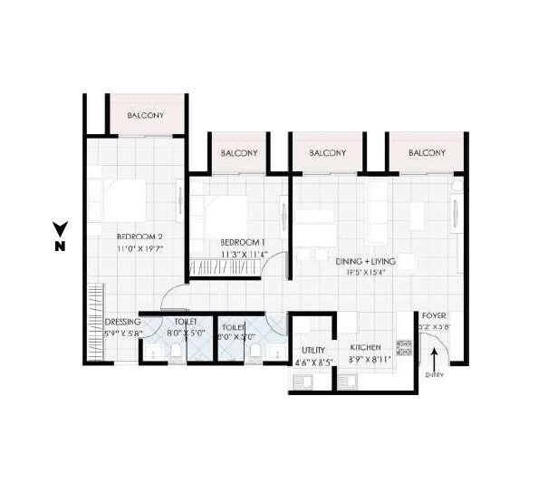 Floor plan of 2 BHK 1188 Sq. Ft. Apartment in Sahasra Mount Oak, Bangalore