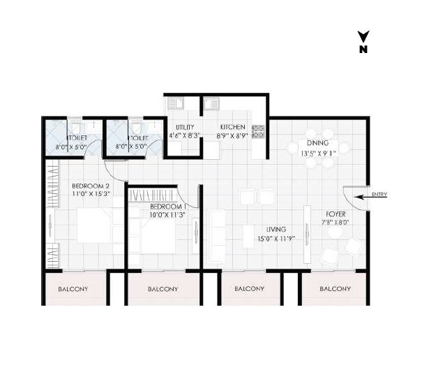 Floor plan of 2 BHK 1350 Sq. Ft. Apartment in Sahasra Mount Oak, Bangalore
