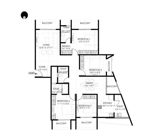 Floor plan of 3 BHK 1426 Sq. Ft. Apartment in Sahasra Mount Oak, Bangalore
