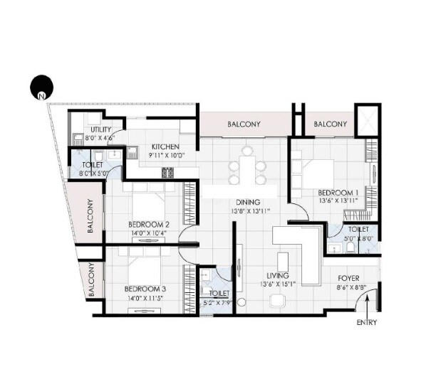 Floor plan of 3 BHK 2014 Sq. Ft. Apartment in Sahasra Mount Oak, Bangalore