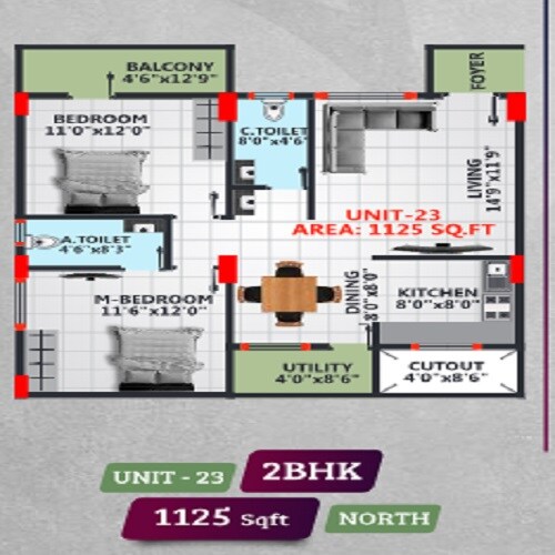 Floor plan of 2 BHK 1125 Sq. Ft. Apartment in Sahasra Serenity, Bangalore