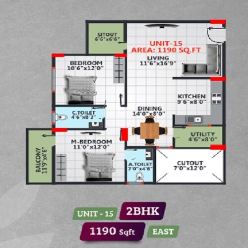 Floor plan of 2 BHK 1190 Sq. Ft. Apartment in Sahasra Serenity, Bangalore