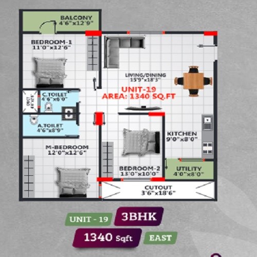 Floor plan of 3 BHK 1340 Sq. Ft. Apartment in Sahasra Serenity, Bangalore