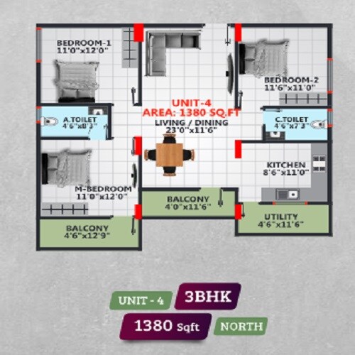 Floor plan of 3 BHK 1380 Sq. Ft. Apartment in Sahasra Serenity, Bangalore