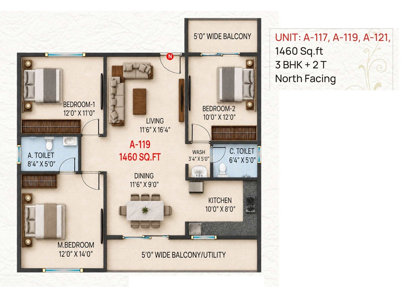 Floor plan of 3 BHK 1460 Sq. Ft. Apartment in Sai Aaradhya Gardens, Bangalore