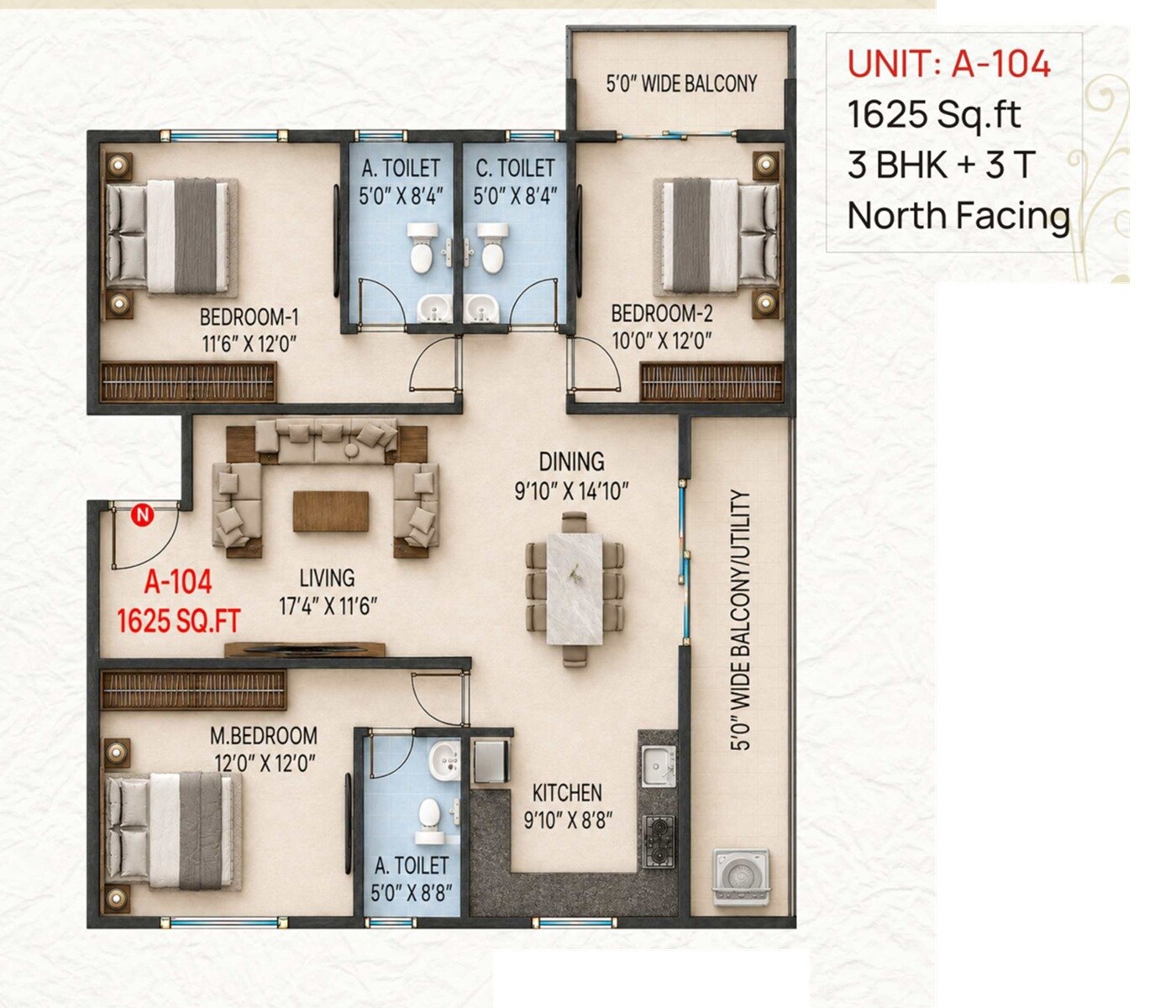 Floor plan of 3 BHK 1625 Sq. Ft. Apartment in Sai Aaradhya Gardens, Bangalore