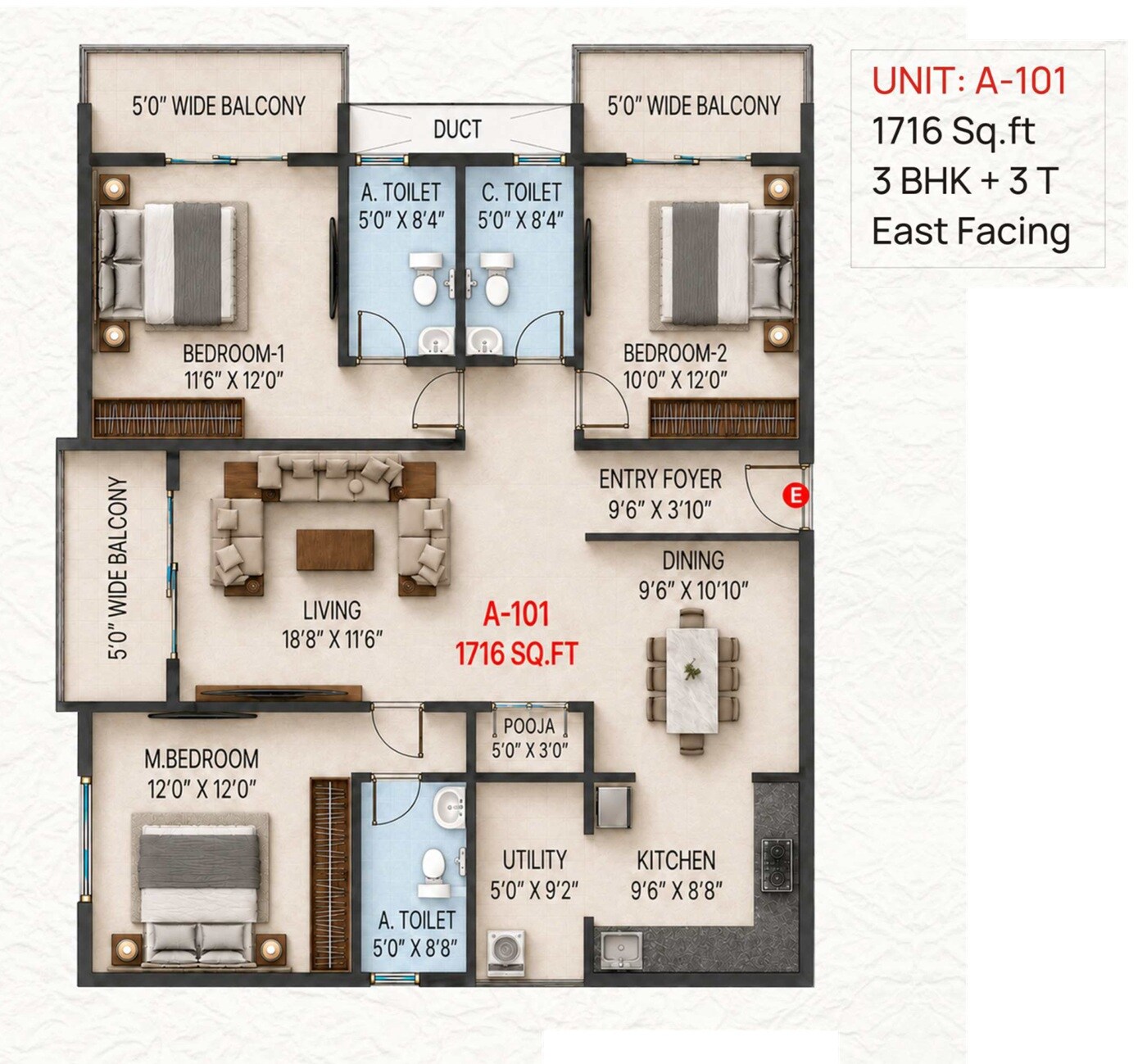 Floor plan of 3 BHK 1716 Sq. Ft. Apartment in Sai Aaradhya Gardens, Bangalore