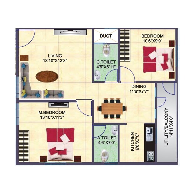 Floor plan of 2 BHK 1050 Sq. Ft. Apartment in Sai Ashirwaadh Lake View, Bangalore