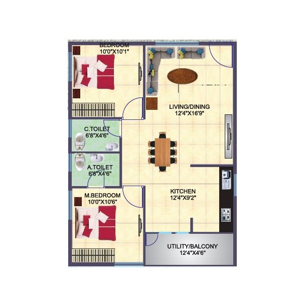 Floor plan of 2 BHK 900 Sq. Ft. Apartment in Sai Ashirwaadh Lake View, Bangalore