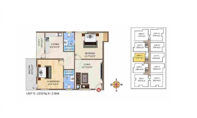 Floor plan of 2 BHK 1230 Sq. Ft. Apartment in Sai Ashirwad Natures Nest, Bangalore