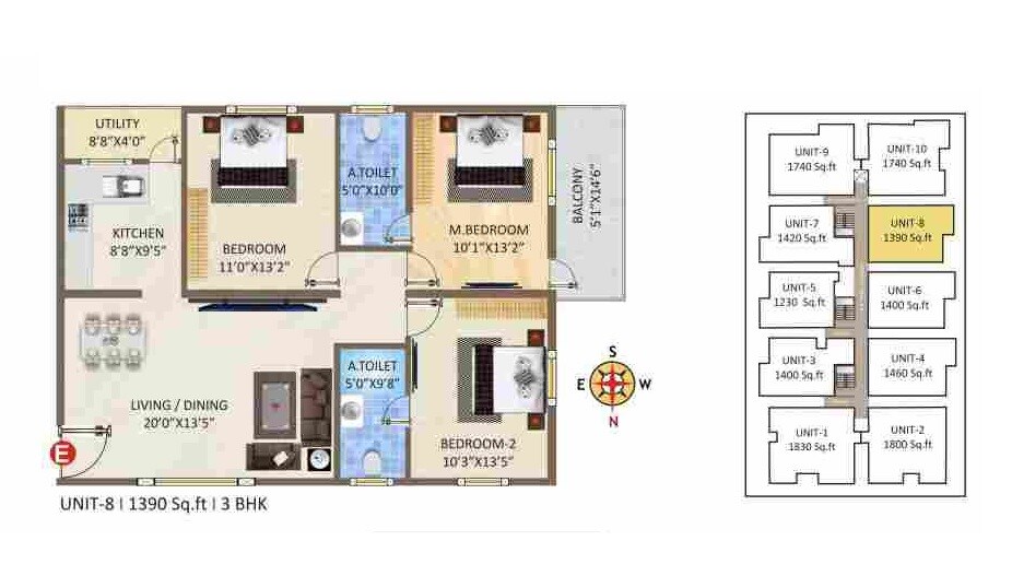 Floor plan of 3 BHK 1390 Sq. Ft. Apartment in Sai Ashirwad Natures Nest, Bangalore