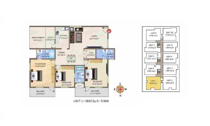 Floor plan of 3 BHK 1830 Sq. Ft. Apartment in Sai Ashirwad Natures Nest, Bangalore