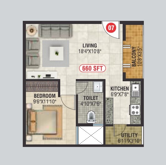 Floor plan of 1 BHK 660 Sq. Ft. Apartment in Sai Balaji Royal, Bangalore