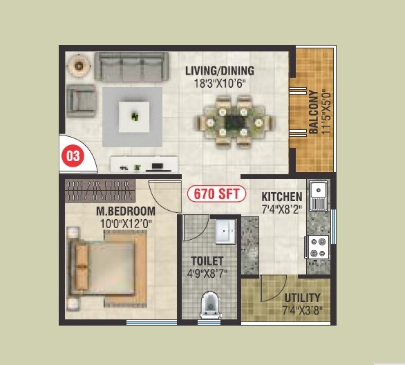 Floor plan of 1 BHK 670 Sq. Ft. Apartment in Sai Balaji Royal, Bangalore