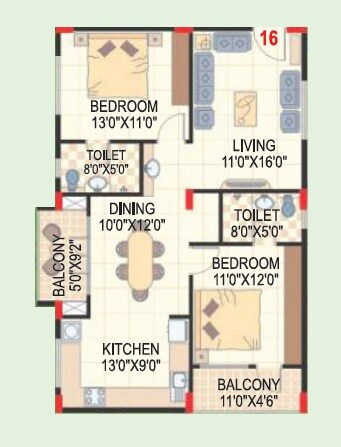 Floor plan of 2 BHK 1220 Sq. Ft. Apartment in Sai Charita Green Oaks, Bangalore