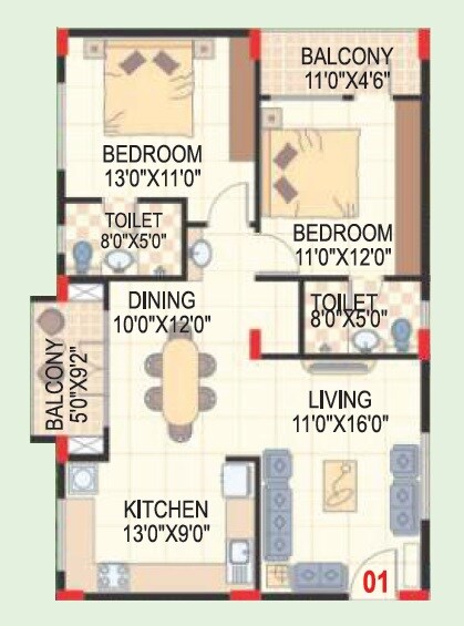 Floor plan of 2 BHK 1330 Sq. Ft. Apartment in Sai Charita Green Oaks, Bangalore
