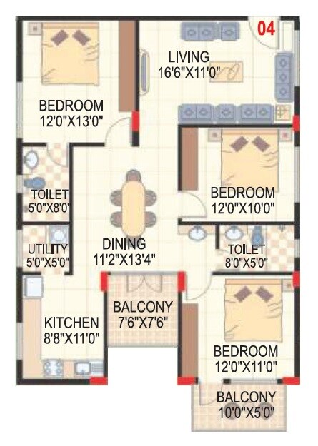Floor plan of 3 BHK 1545 Sq. Ft. Apartment in Sai Charita Green Oaks, Bangalore