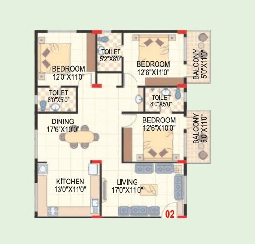 Floor plan of 3 BHK 1625 Sq. Ft. Apartment in Sai Charita Green Oaks, Bangalore