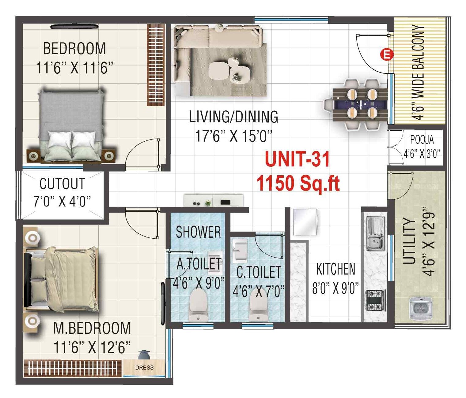 Floor plan of 2 BHK 1150 Sq. Ft. Apartment in Sai Garden Square, Bangalore