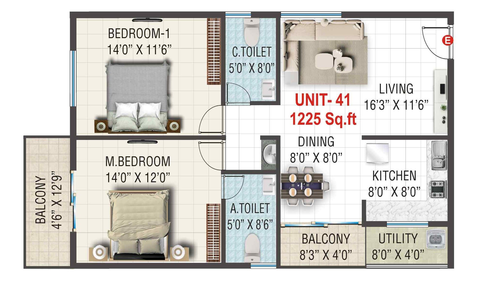 Floor plan of 2 BHK 1255 Sq. Ft. Apartment in Sai Garden Square, Bangalore
